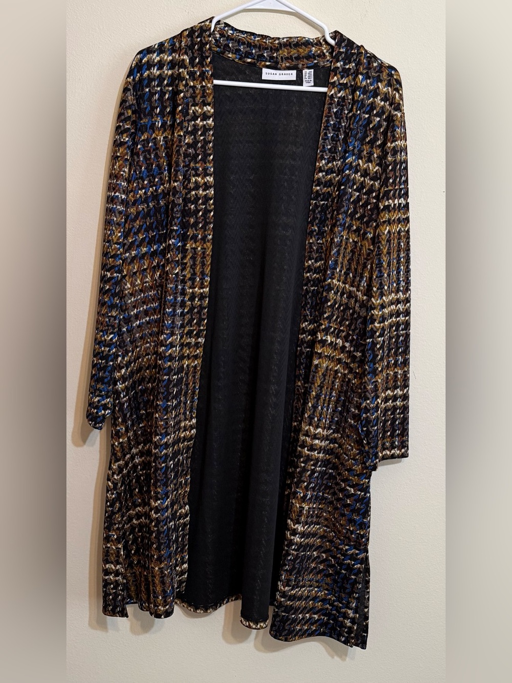 Susan Graver Cardigan Duster in Multi Navy & Brown 2XP